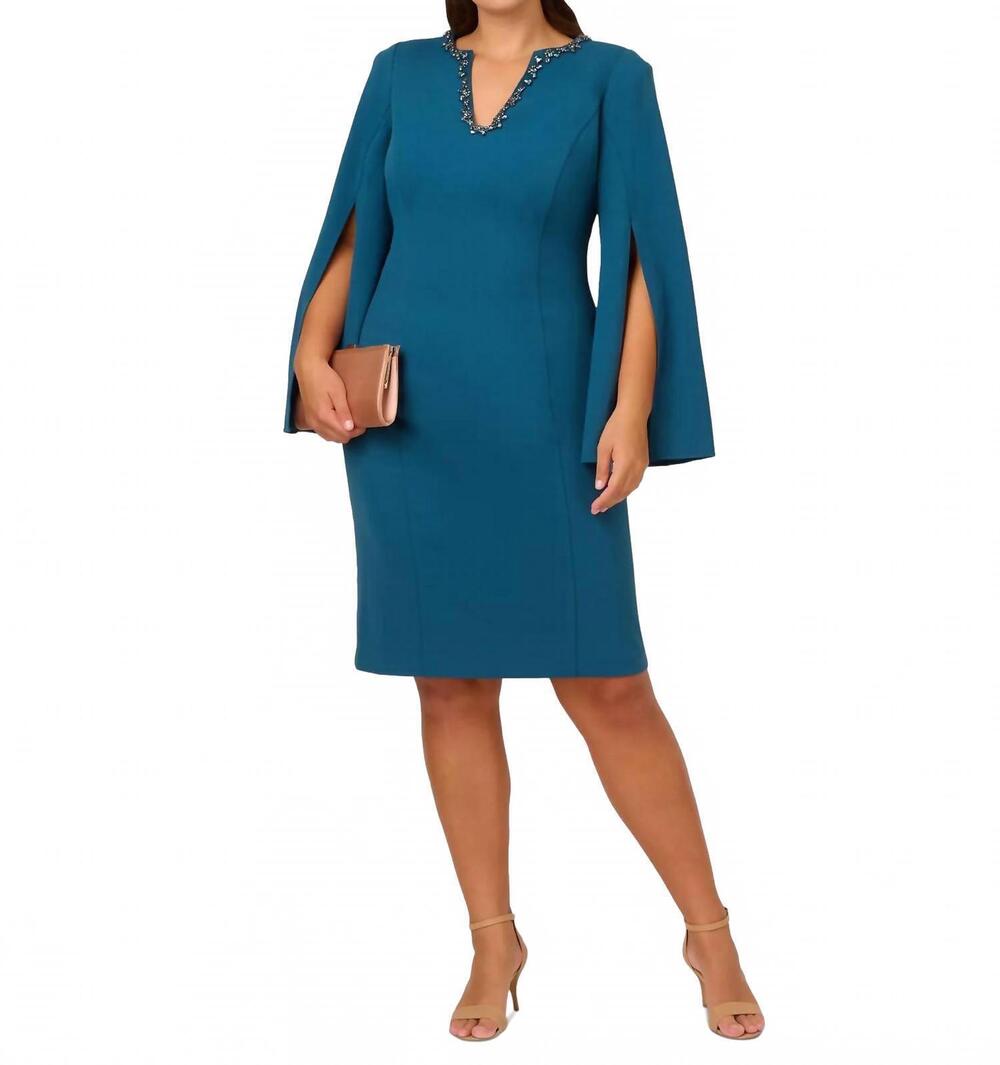 NEW ADRIANNA PAPELL women's plus size beaded split-sleeve dress in blue